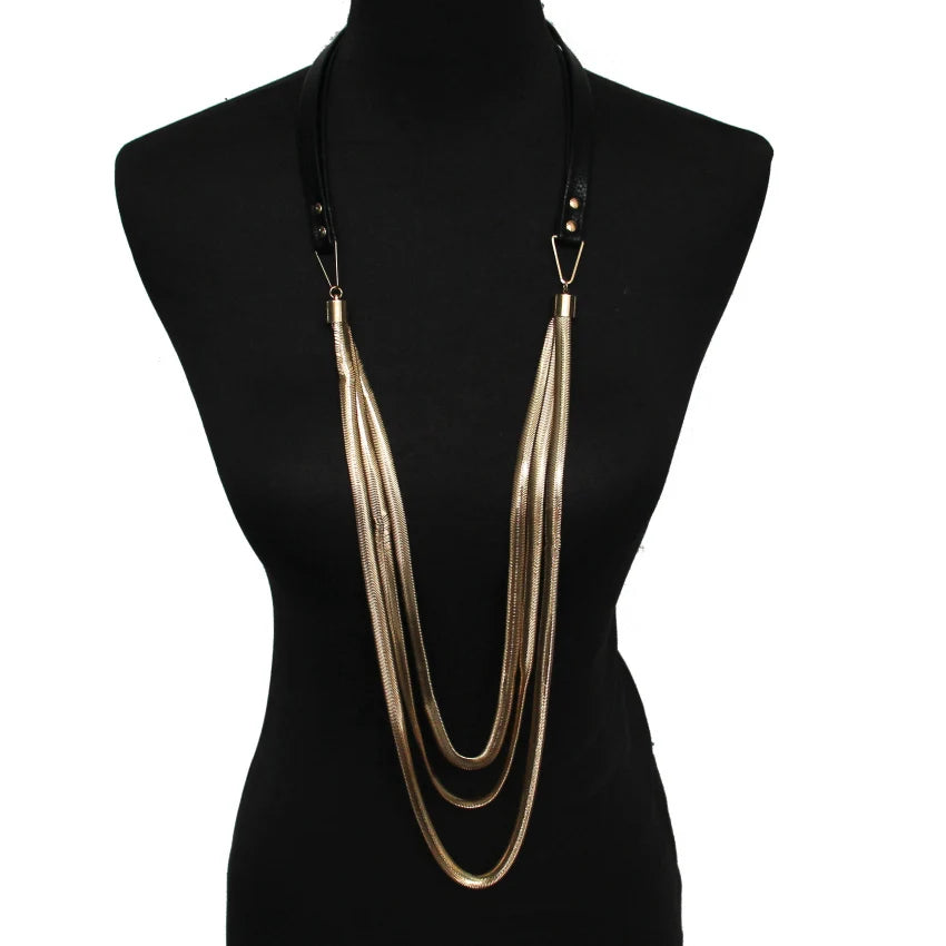 Elegant Minimalist Long Geometric Leather Chain Necklace