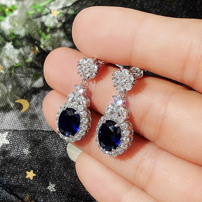 Exquisite Flower Design Blue/White Cubic Zirconia Drop Earrings