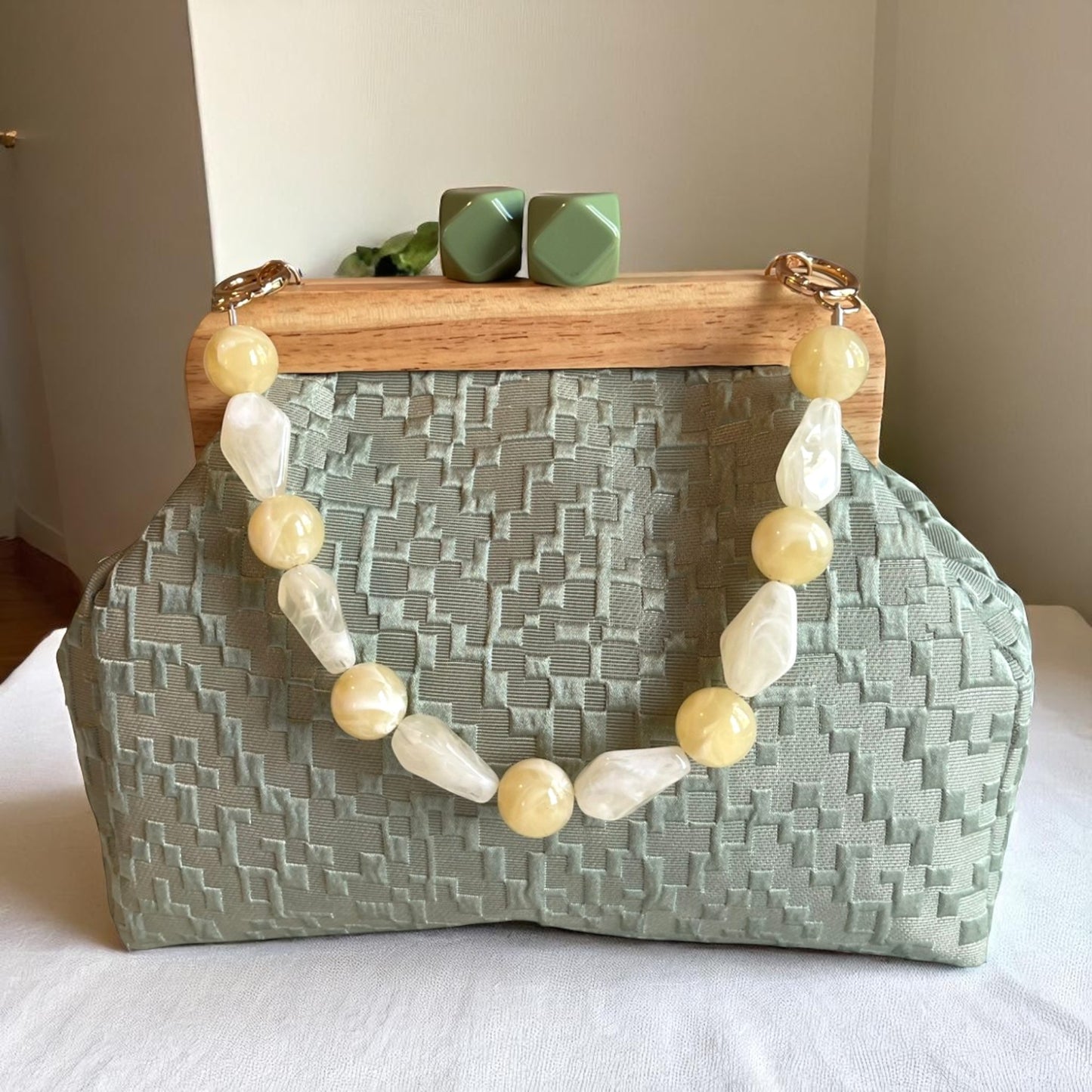 Handmade Minimalist Bag Sage Green Textured Clutch with Wooden Frame