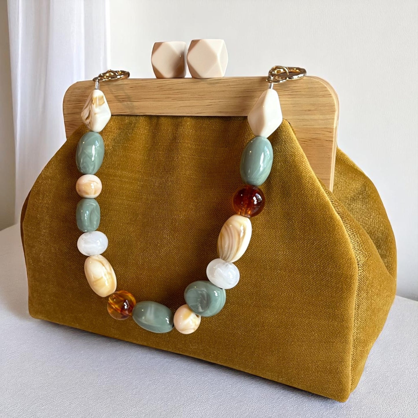 Handmade Retro Chic Mustard Velvet Frame Bag with Beaded Handle
