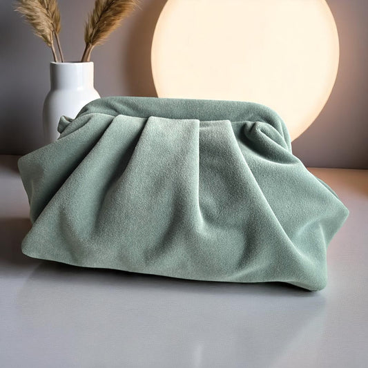Artisan Velvet Pleated Clutch in Sage Green – Statement Evening Bag