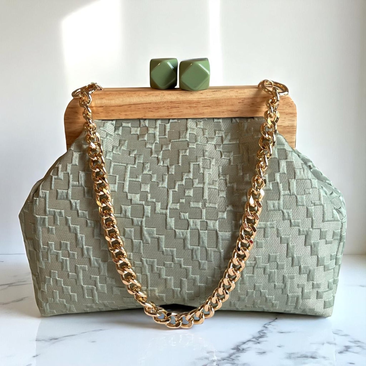 Handmade Minimalist Bag Sage Green Textured Clutch with Wooden Frame