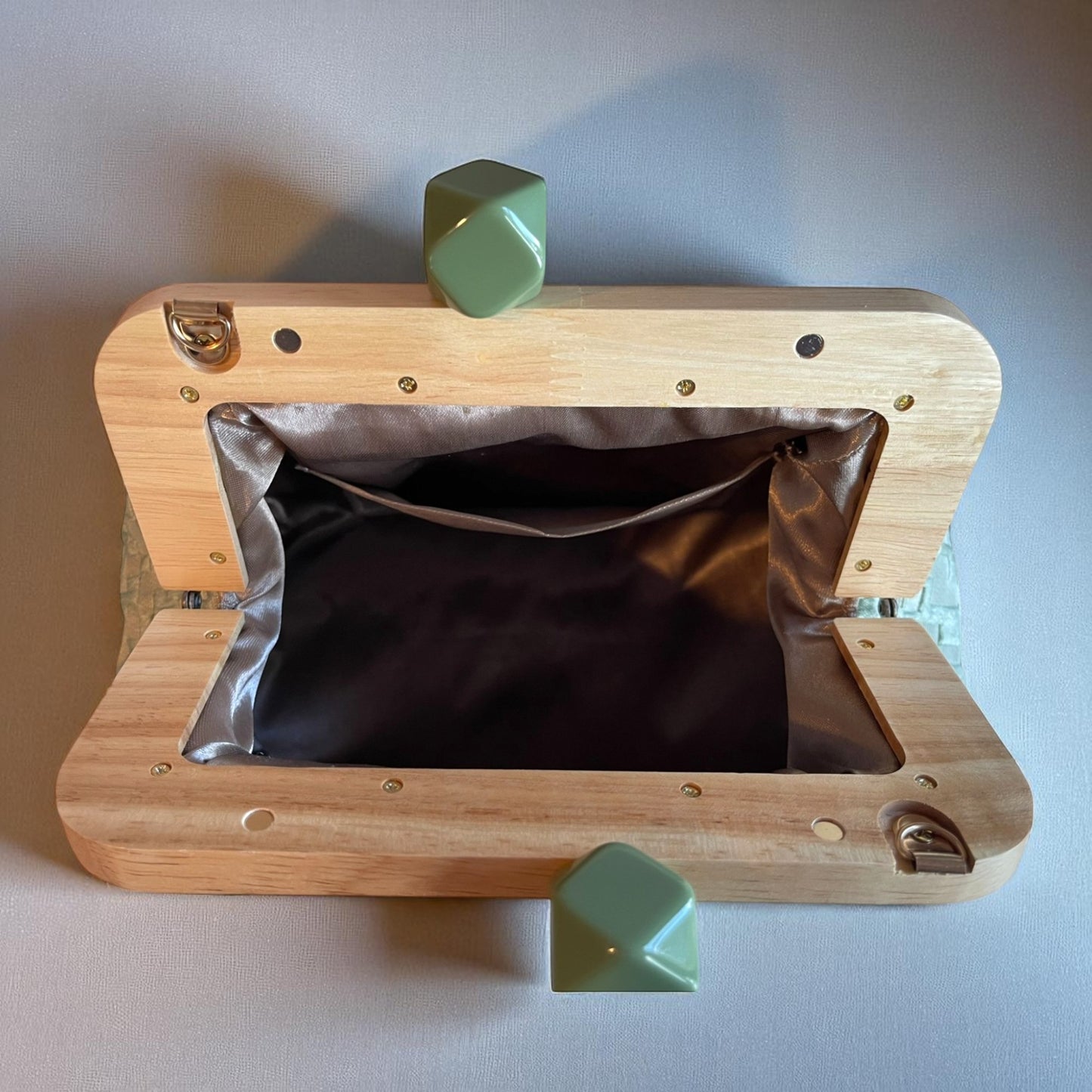 Handmade Minimalist Bag Sage Green Textured Clutch with Wooden Frame