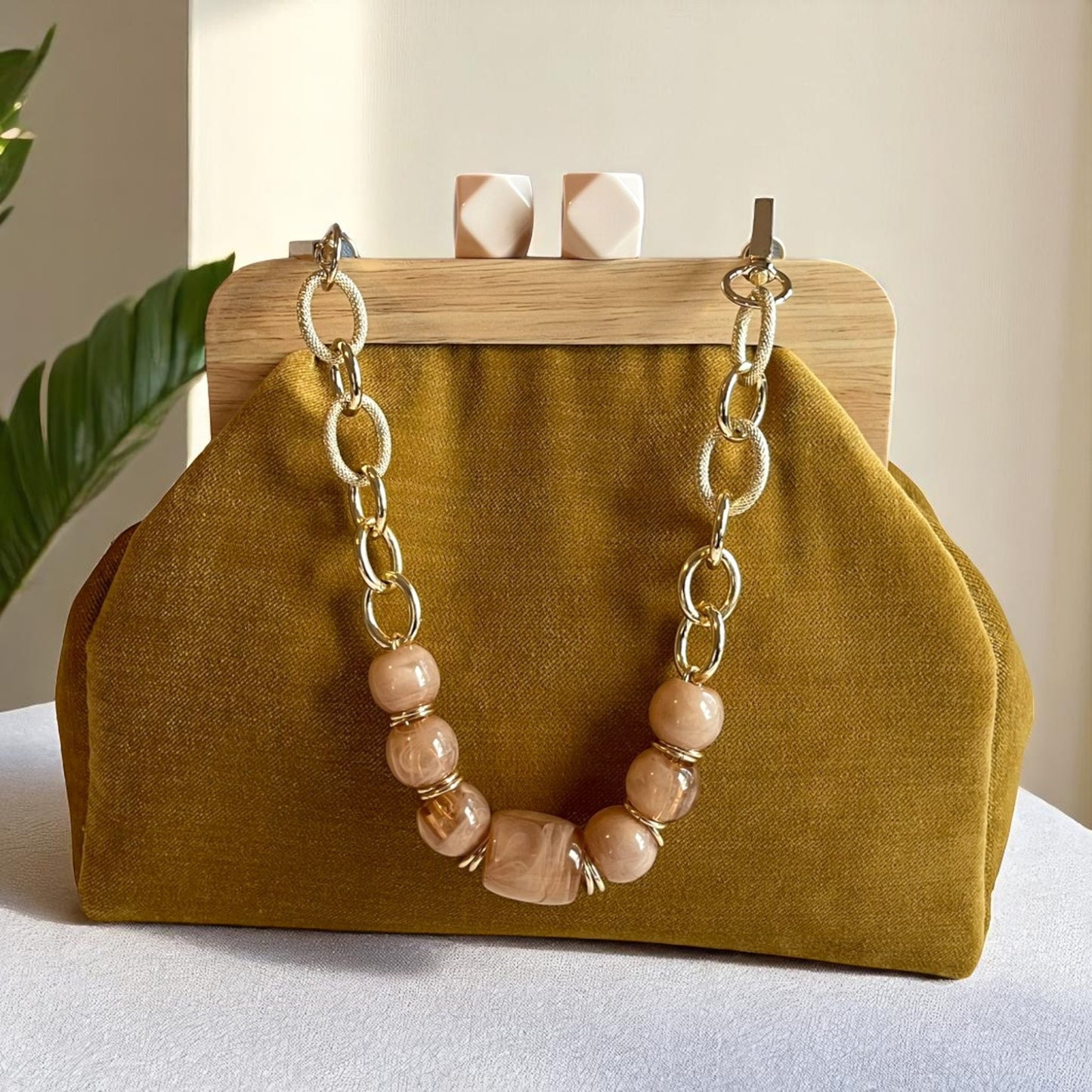 Handmade Retro Chic Mustard Velvet Frame Bag with Beaded Handle