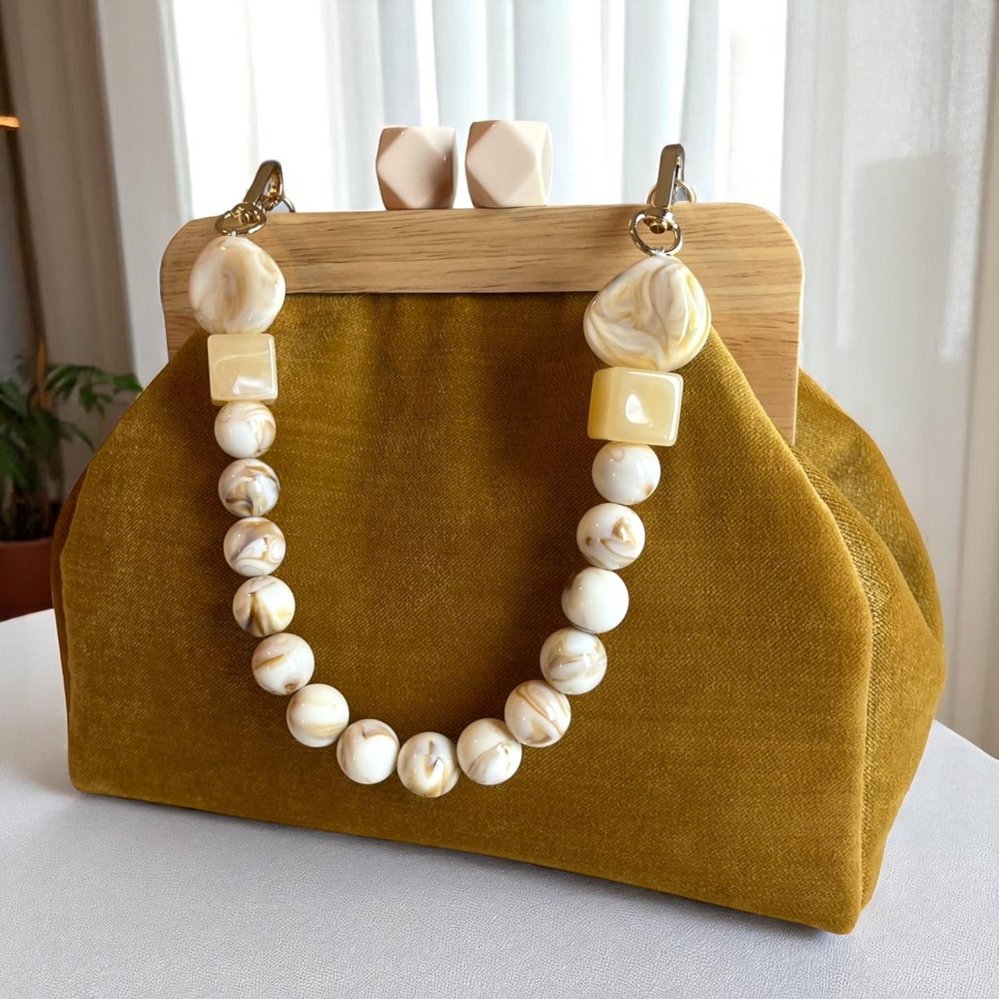 Handmade Retro Chic Mustard Velvet Frame Bag with Beaded Handle