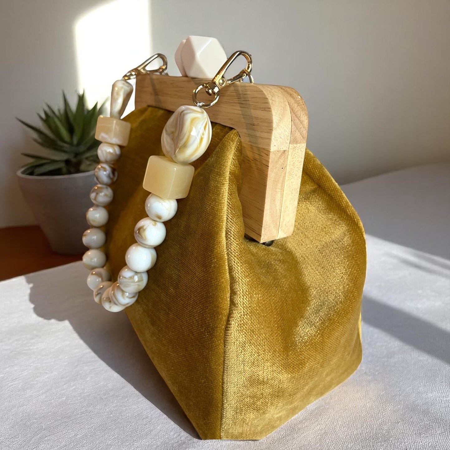 Handmade Retro Chic Mustard Velvet Frame Bag with Beaded Handle