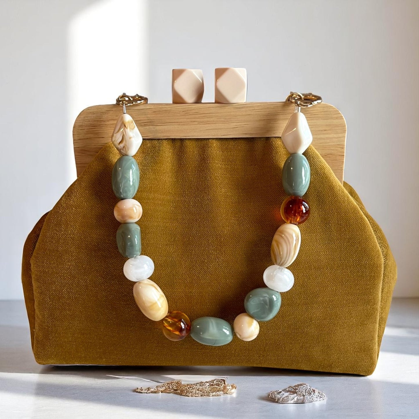 Handmade Retro Chic Mustard Velvet Frame Bag with Beaded Handle