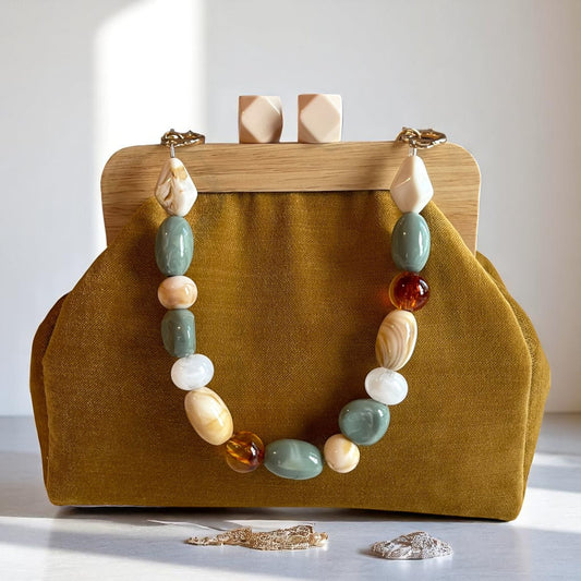 Handmade Retro Chic Mustard Velvet Frame Bag with Beaded Handle