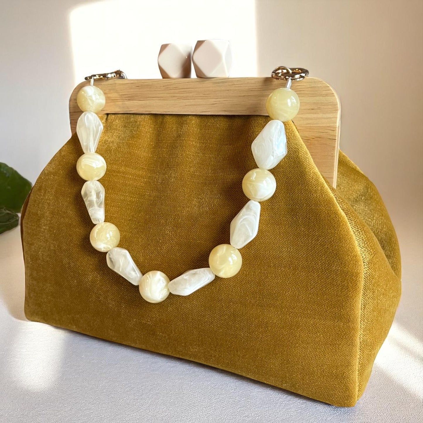 Handmade Retro Chic Mustard Velvet Frame Bag with Beaded Handle