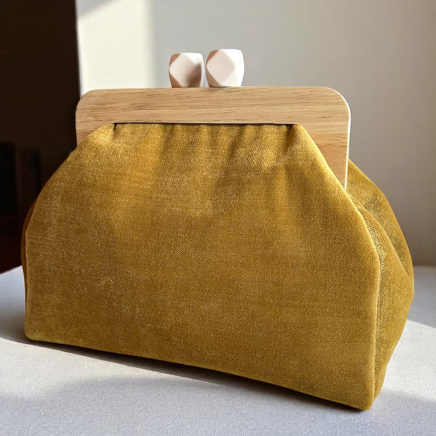 Handmade Retro Chic Mustard Velvet Frame Bag with Beaded Handle