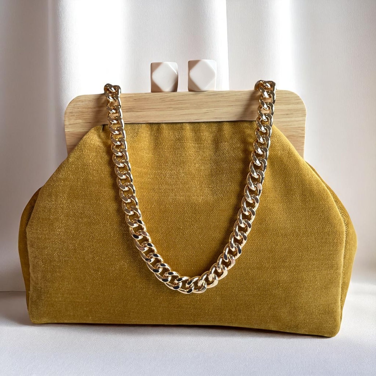Handmade Retro Chic Mustard Velvet Frame Bag with Beaded Handle