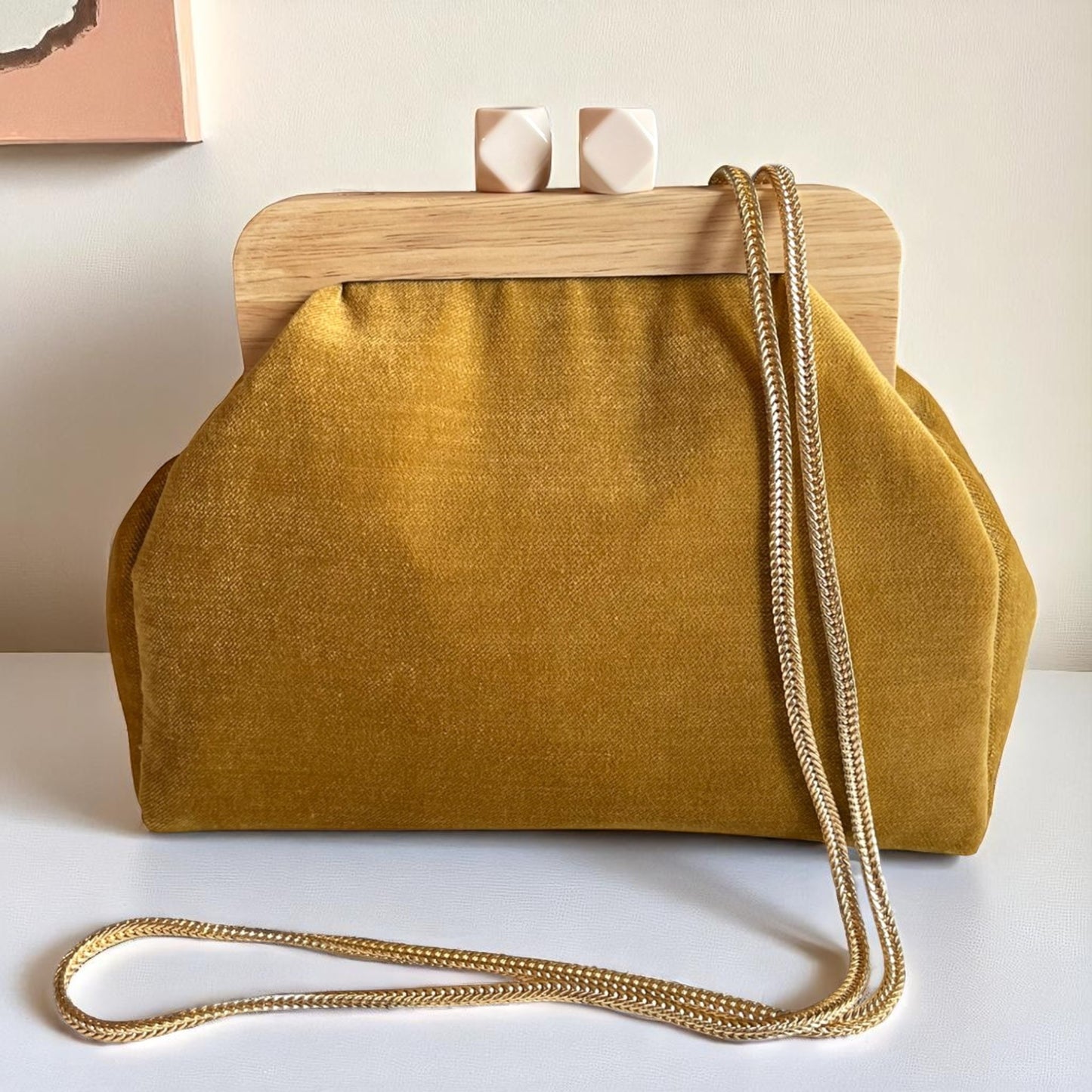 Handmade Retro Chic Mustard Velvet Frame Bag with Beaded Handle
