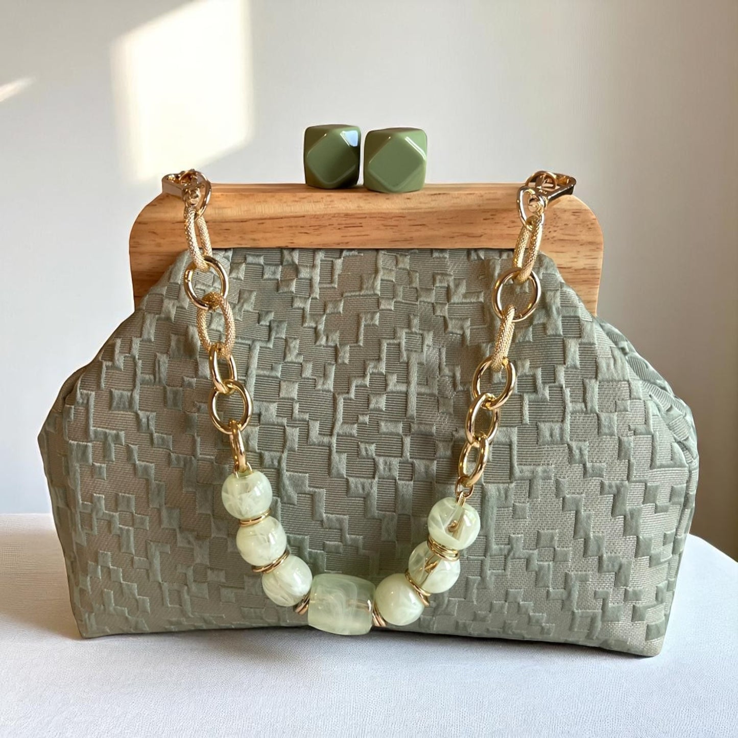 Handmade Minimalist Bag Sage Green Textured Clutch with Wooden Frame