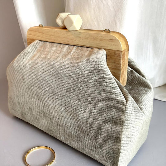 Handmade Velvet Clutch, Wooden Frame & Soft Textured Fabric Bag