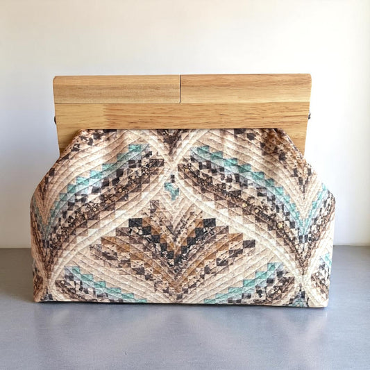 Canyon Mirage Handmade Clutch – Quilted Geometric & Wooden Frame