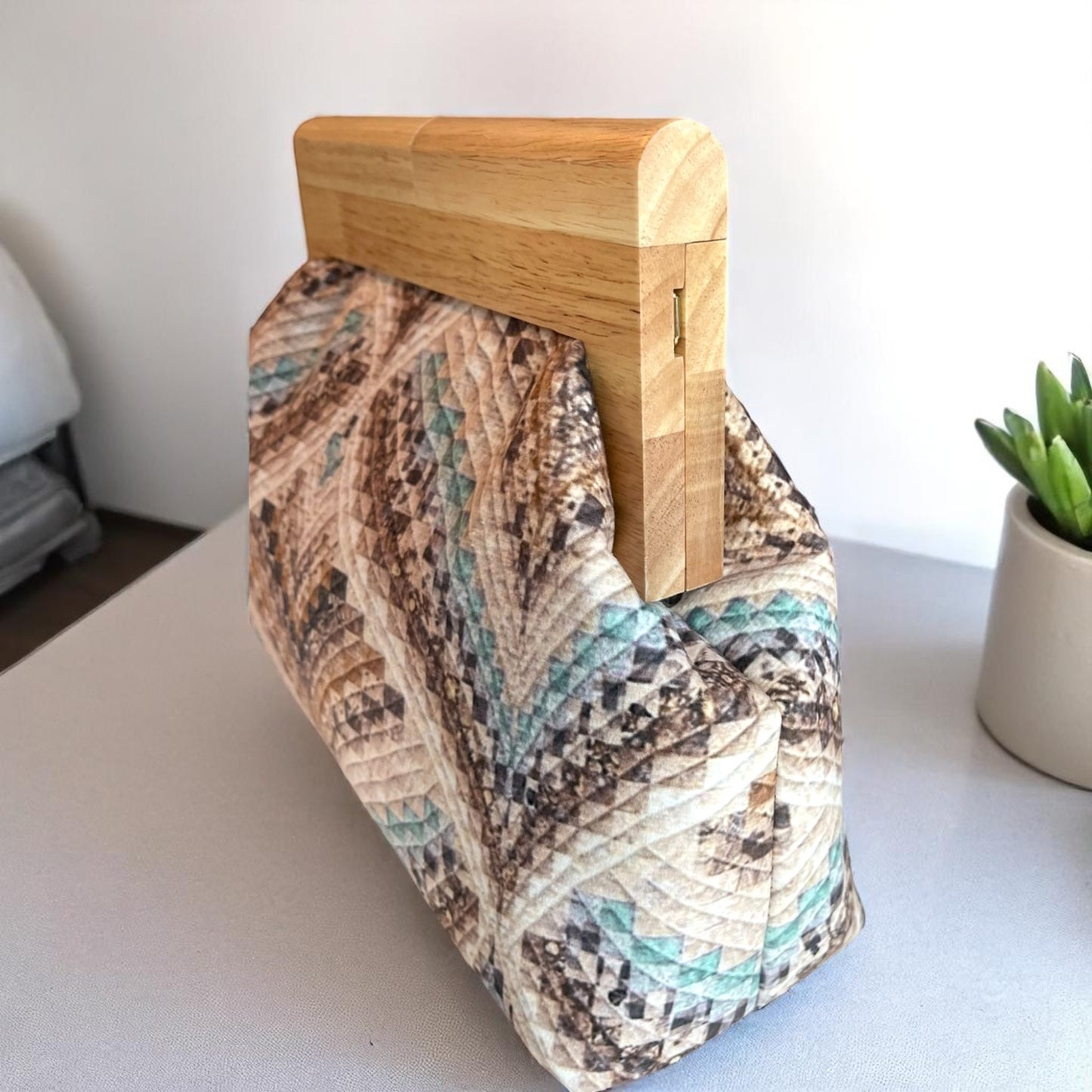 Canyon Mirage Handmade Clutch – Quilted Geometric & Wooden Frame