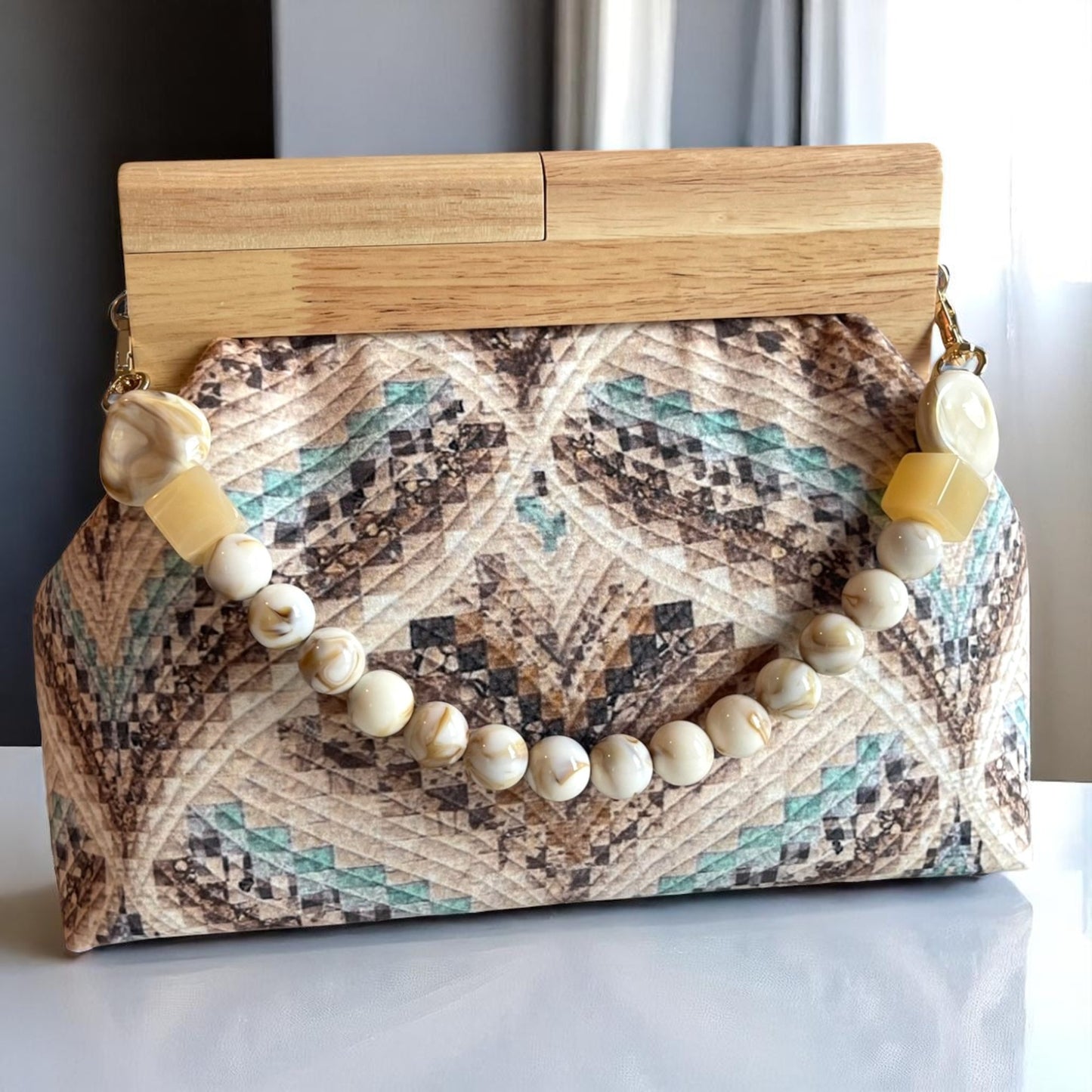 Canyon Mirage Handmade Clutch – Quilted Geometric & Wooden Frame