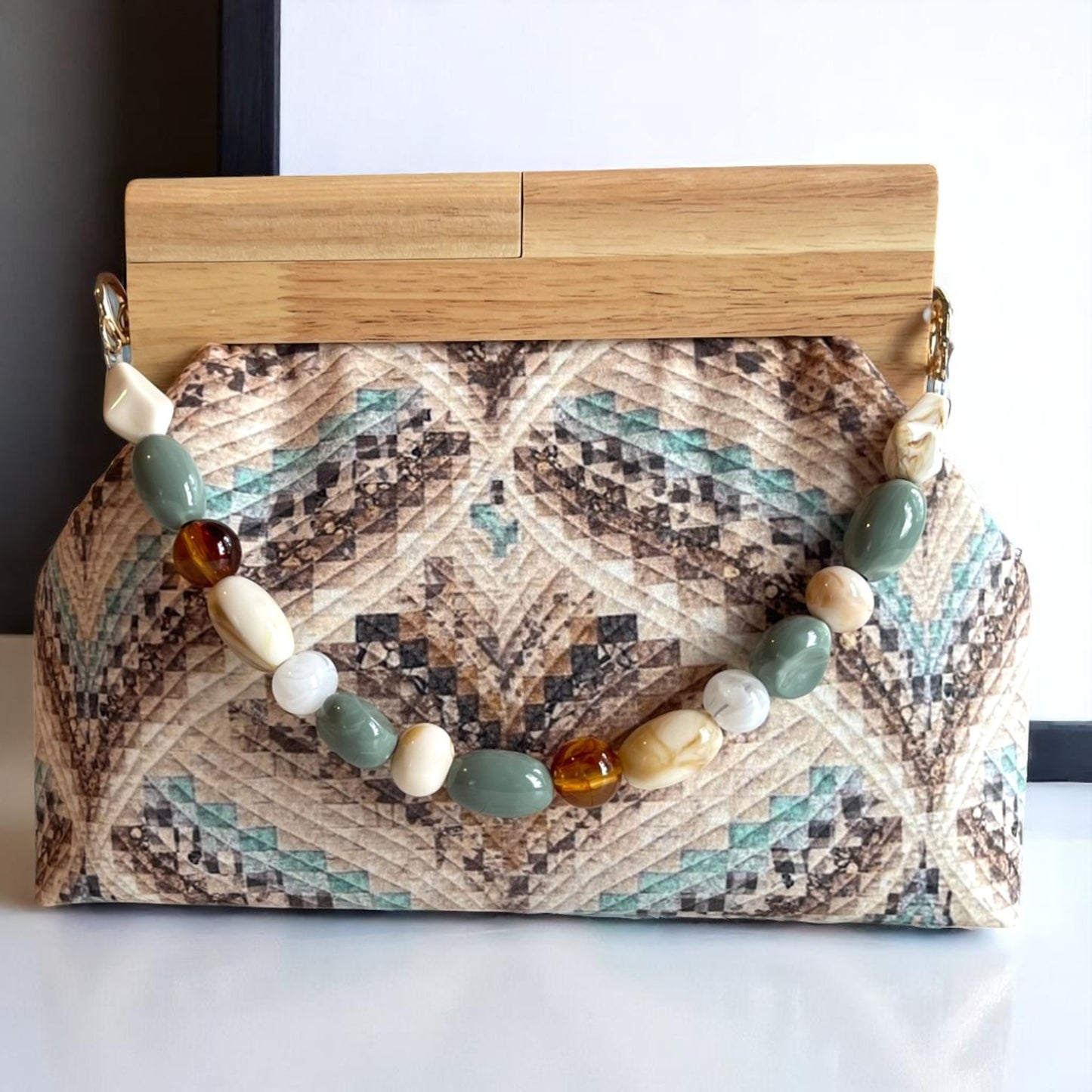 Canyon Mirage Handmade Clutch – Quilted Geometric & Wooden Frame