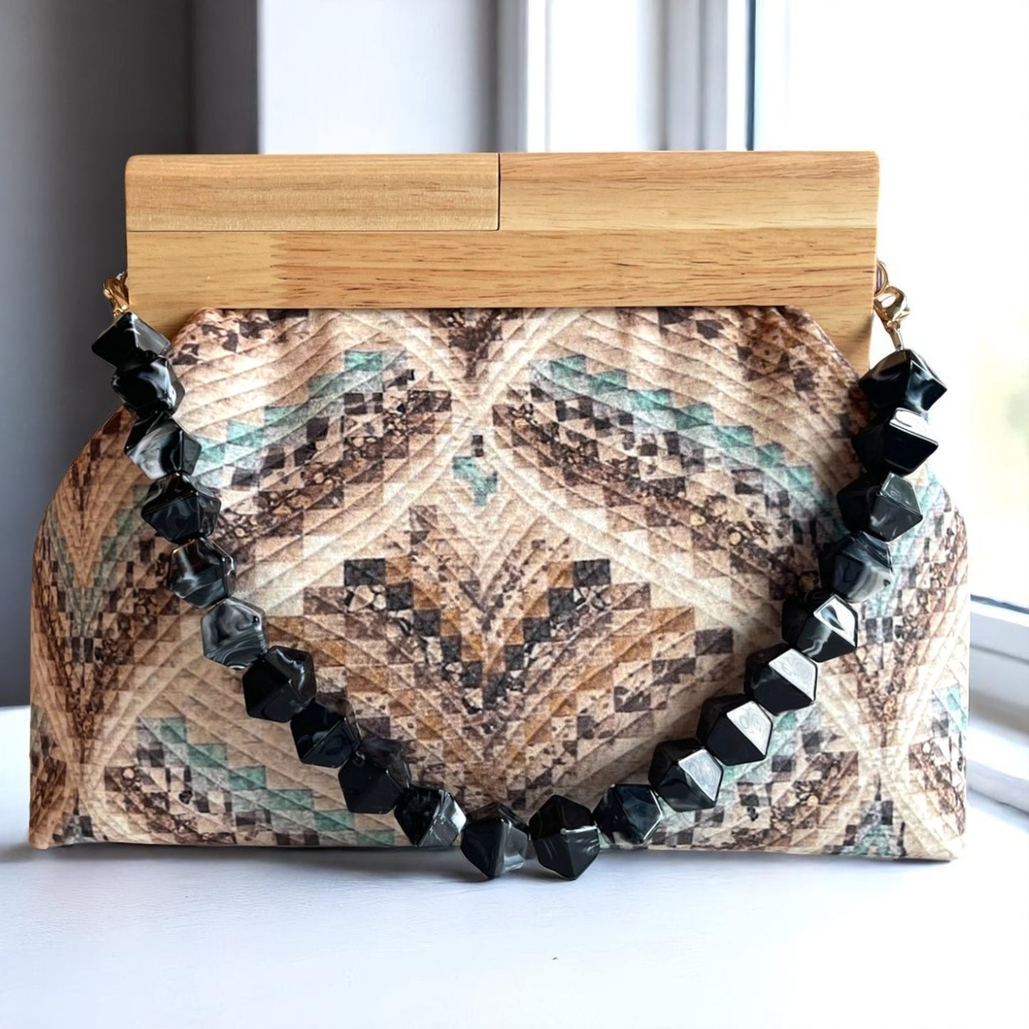 Canyon Mirage Handmade Clutch – Quilted Geometric & Wooden Frame