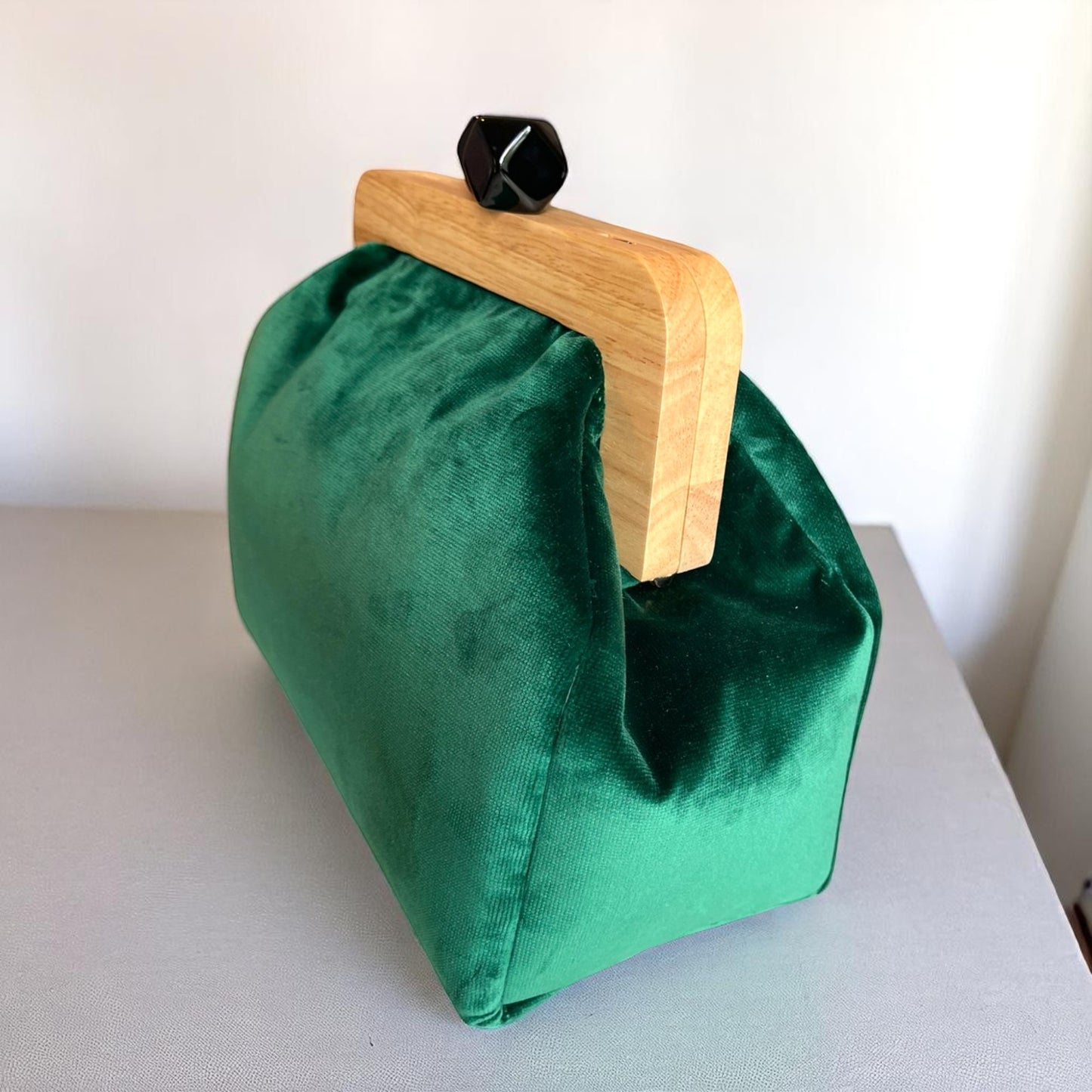 Artisan Emerald Green Velvet Clutch Bag with Wooden Frame & Geometric Clasp