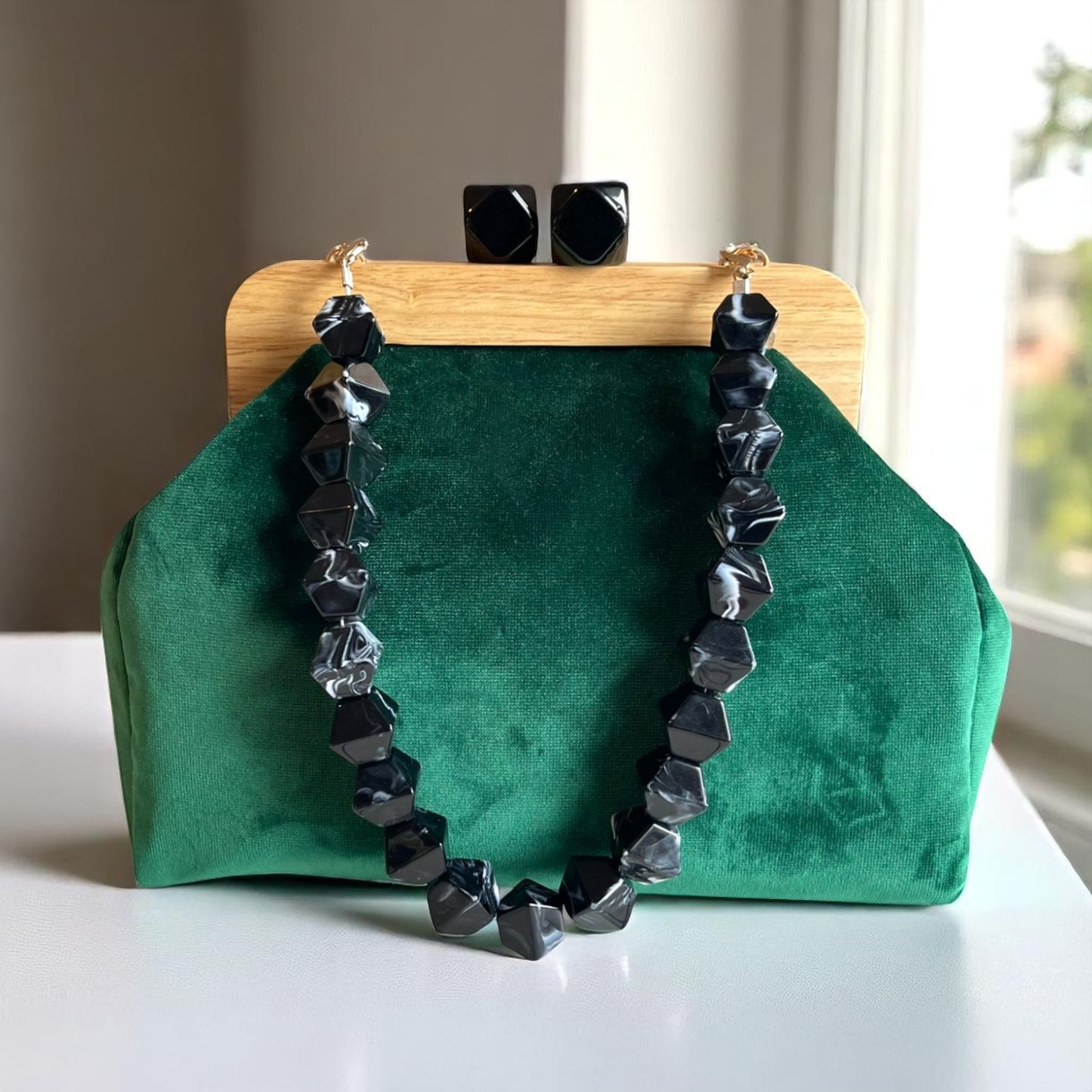 Artisan Emerald Green Velvet Clutch Bag with Wooden Frame & Geometric Clasp