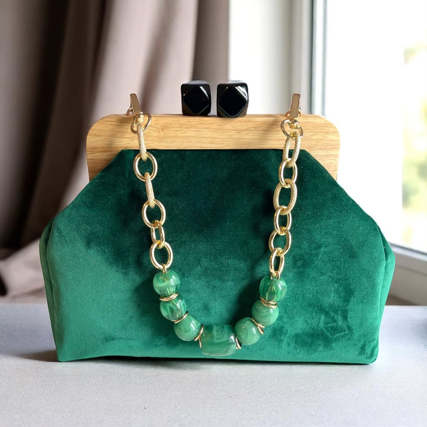 Artisan Emerald Green Velvet Clutch Bag with Wooden Frame & Geometric Clasp