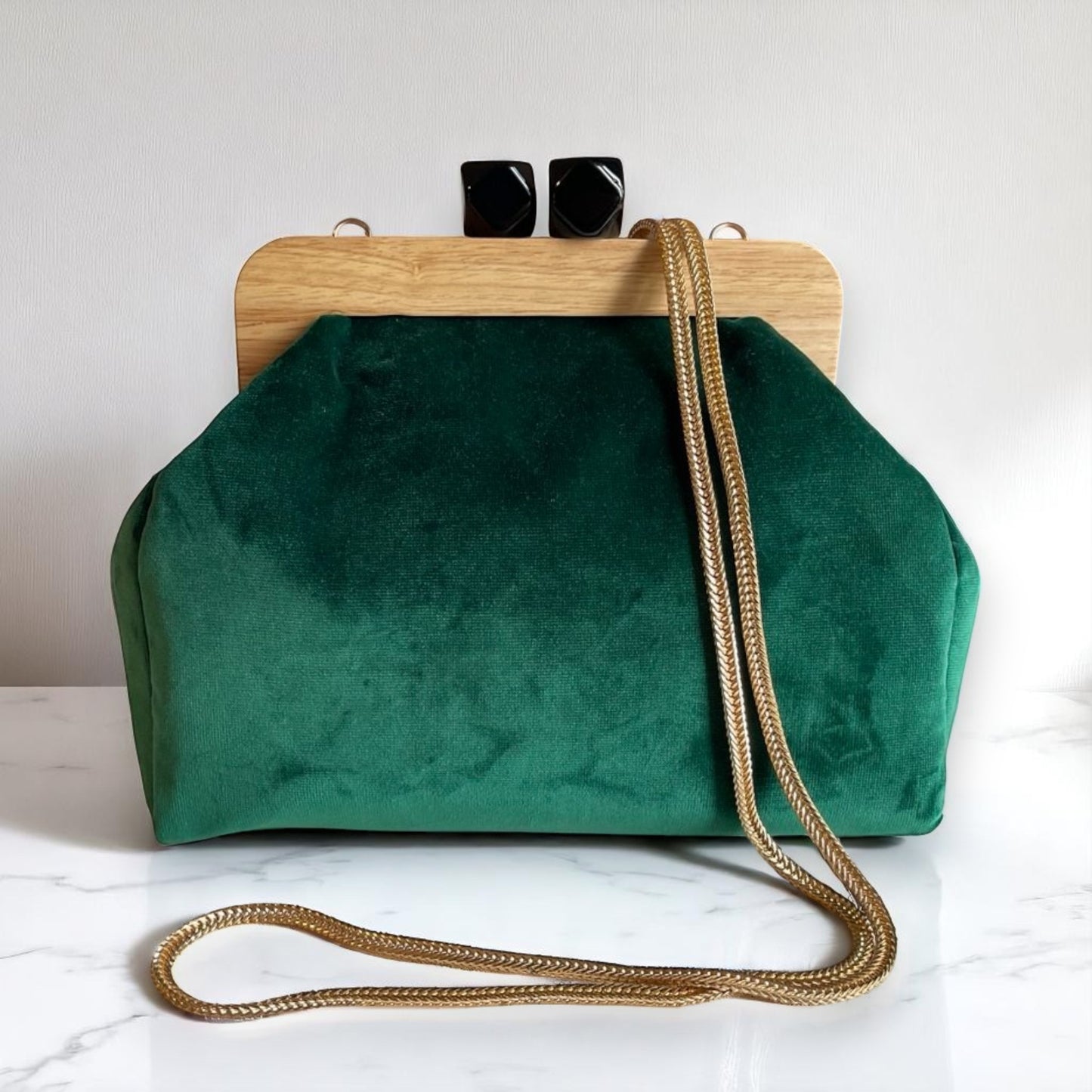 Artisan Emerald Green Velvet Clutch Bag with Wooden Frame & Geometric Clasp