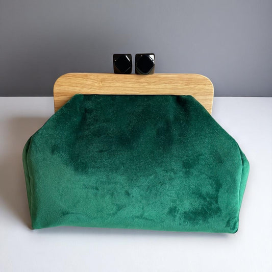 Artisan Emerald Green Velvet Clutch Bag with Wooden Frame & Geometric Clasp