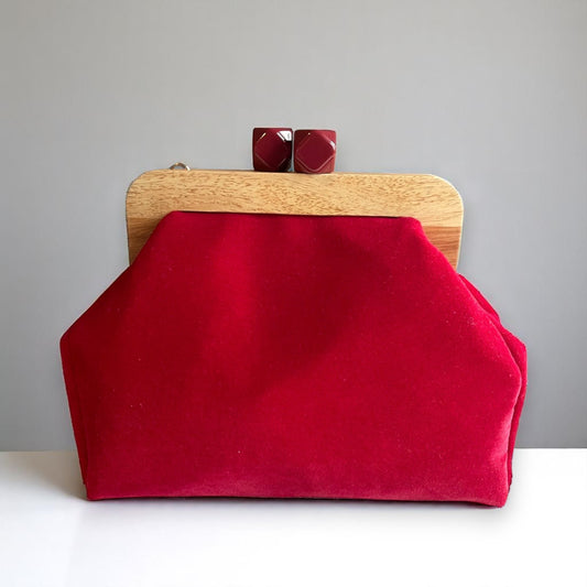 Artisan Velvet Red Clutch with Wooden Frame & Geometric Clasp