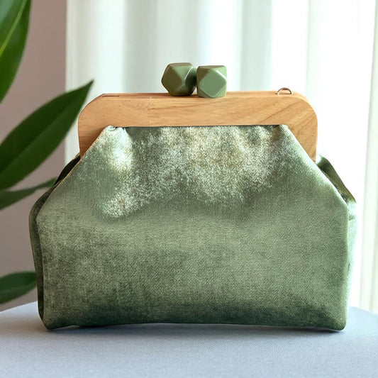 Artisan Sage Green Velvet Clutch with Wooden Frame Minimalist Bag