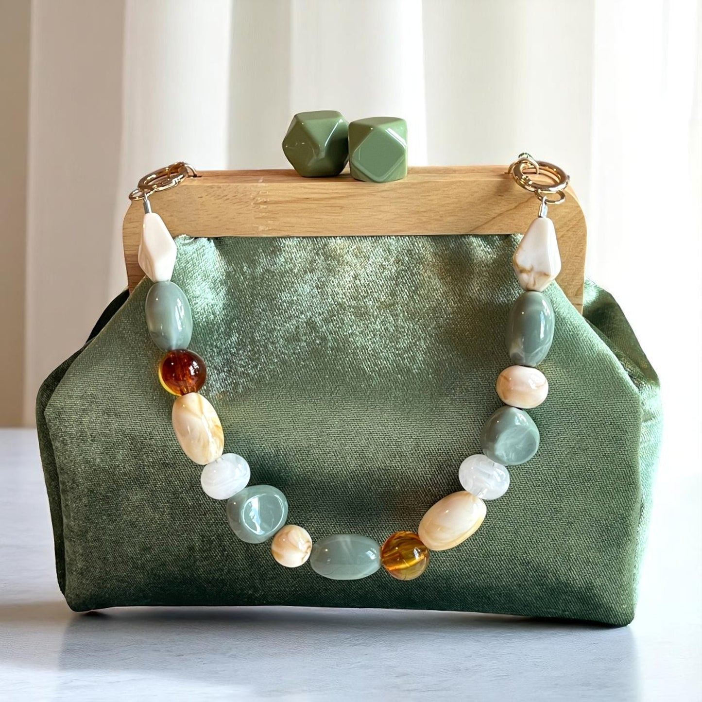 Artisan Sage Green Velvet Clutch with Wooden Frame Minimalist Bag
