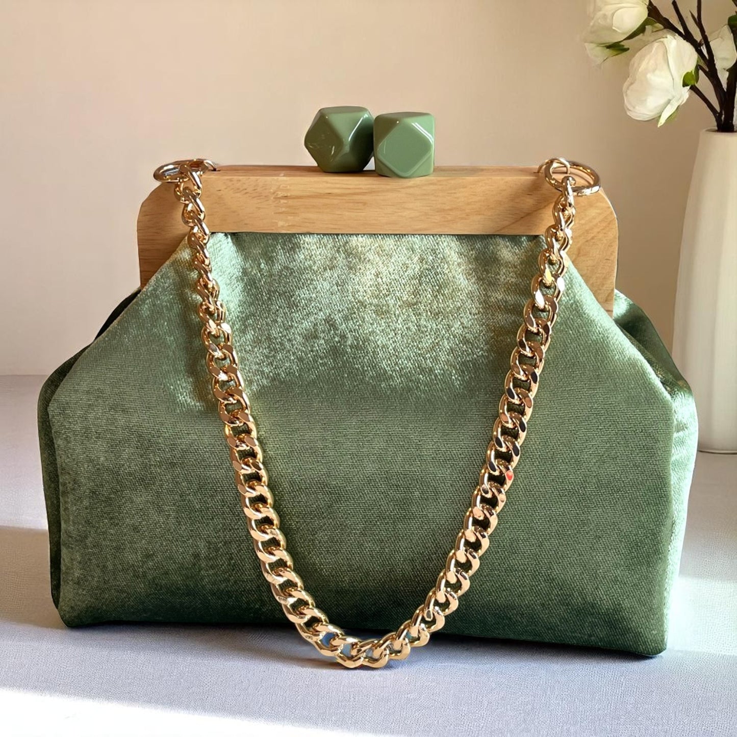 Artisan Sage Green Velvet Clutch with Wooden Frame Minimalist Bag