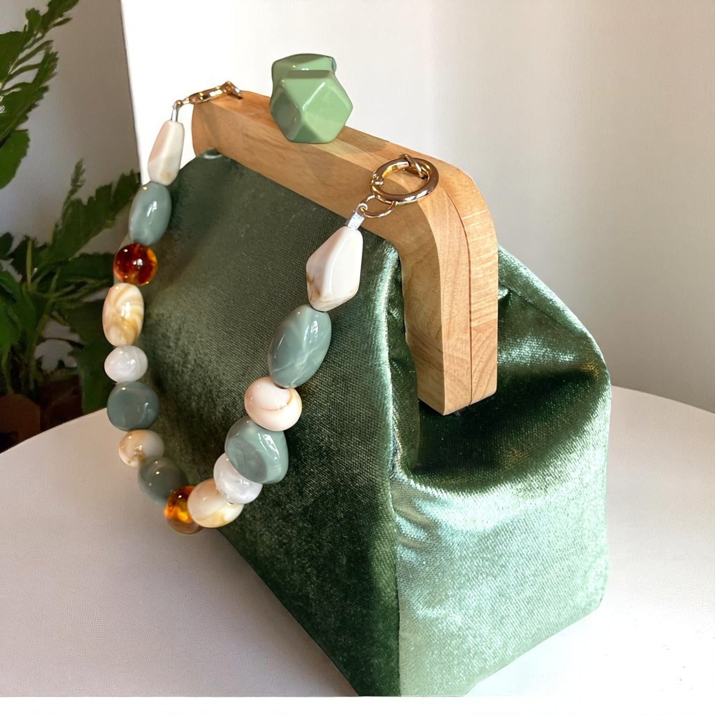 Artisan Sage Green Velvet Clutch with Wooden Frame Minimalist Bag