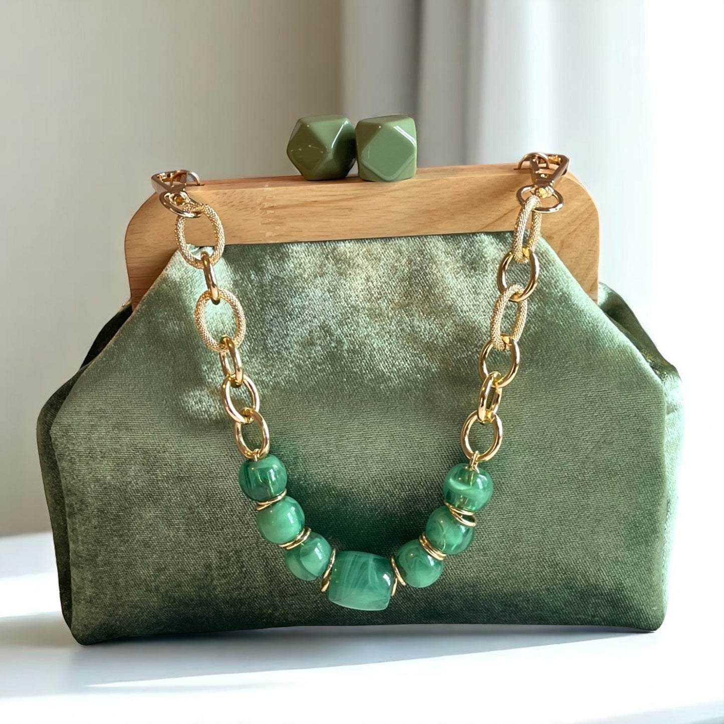 Artisan Sage Green Velvet Clutch with Wooden Frame Minimalist Bag