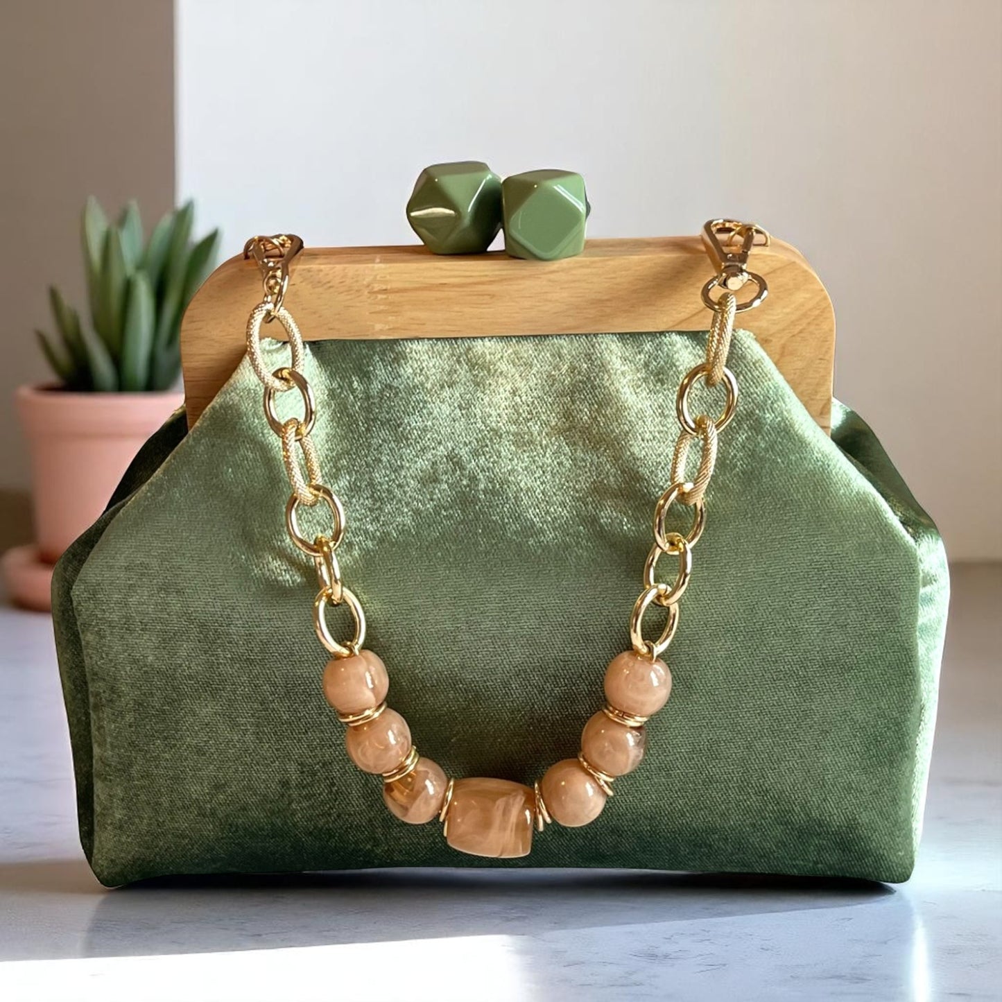 Green Velvet Clutch with Wooden Frame and Gemstone Chain, Handmade Evening Bag | Elegant Party Purse | Aramele Atelier - Glam Duchess