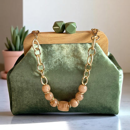Green Velvet Clutch with Wooden Frame and Gemstone Chain, Handmade Evening Bag | Elegant Party Purse | Aramele Atelier - Glam Duchess