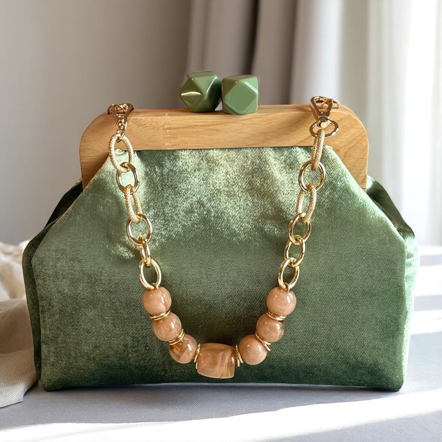 Artisan Sage Green Velvet Clutch with Wooden Frame Minimalist Bag