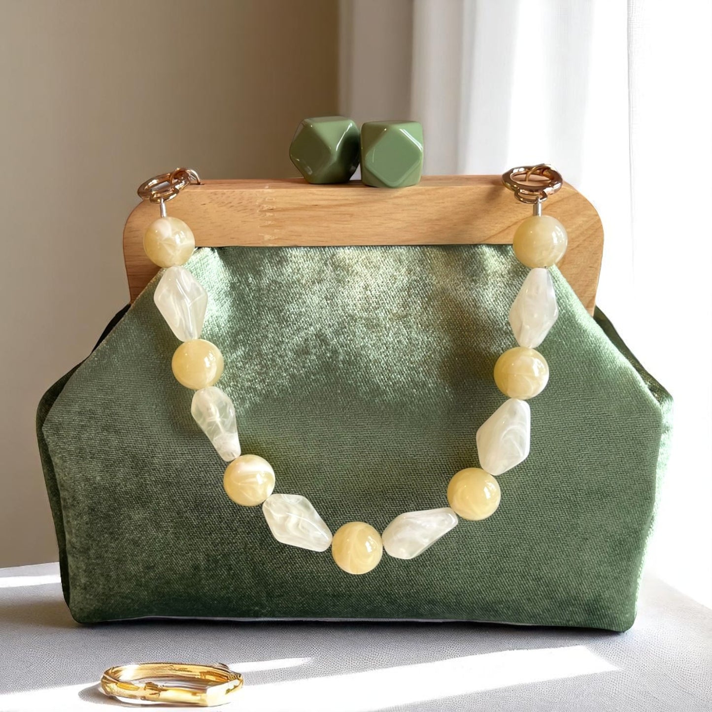 Artisan Sage Green Velvet Clutch with Wooden Frame Minimalist Bag