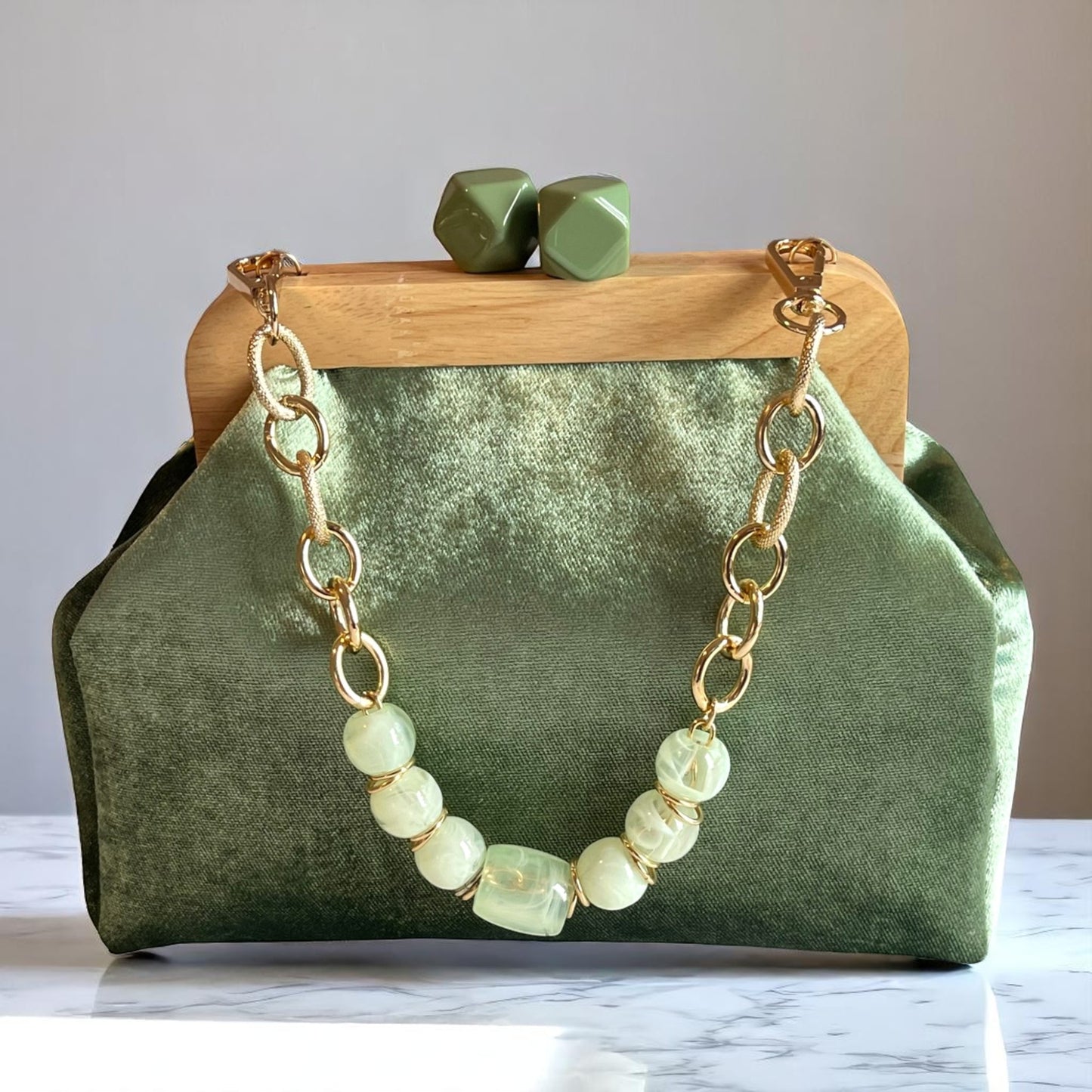 Artisan Sage Green Velvet Clutch with Wooden Frame Minimalist Bag