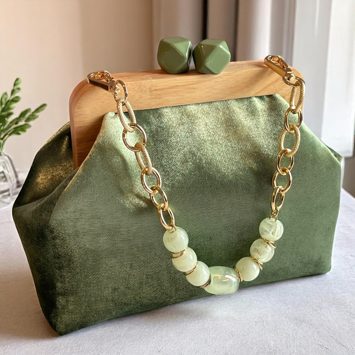 Artisan Sage Green Velvet Clutch with Wooden Frame Minimalist Bag