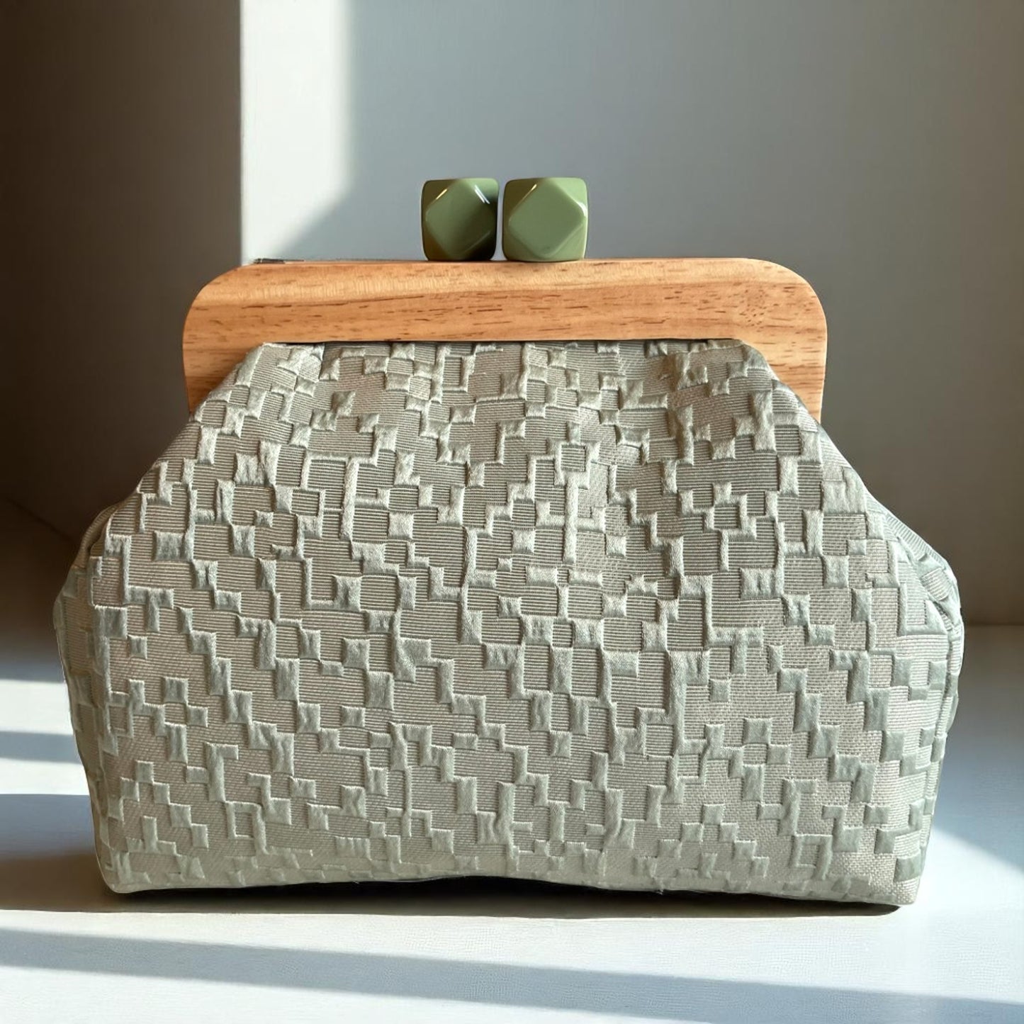 Handmade Minimalist Bag Sage Green Textured Clutch with Wooden Frame