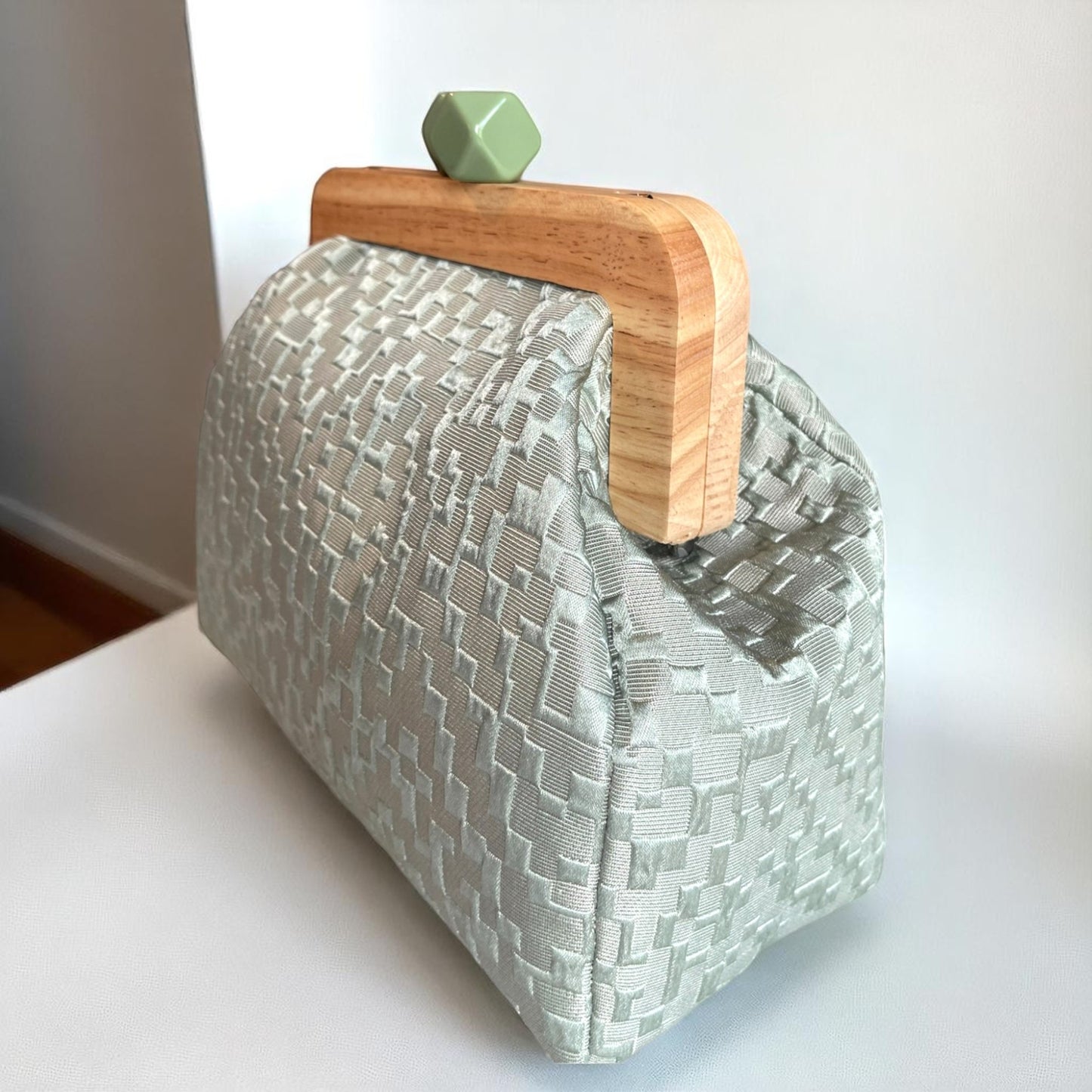 Handmade Minimalist Bag Sage Green Textured Clutch with Wooden Frame