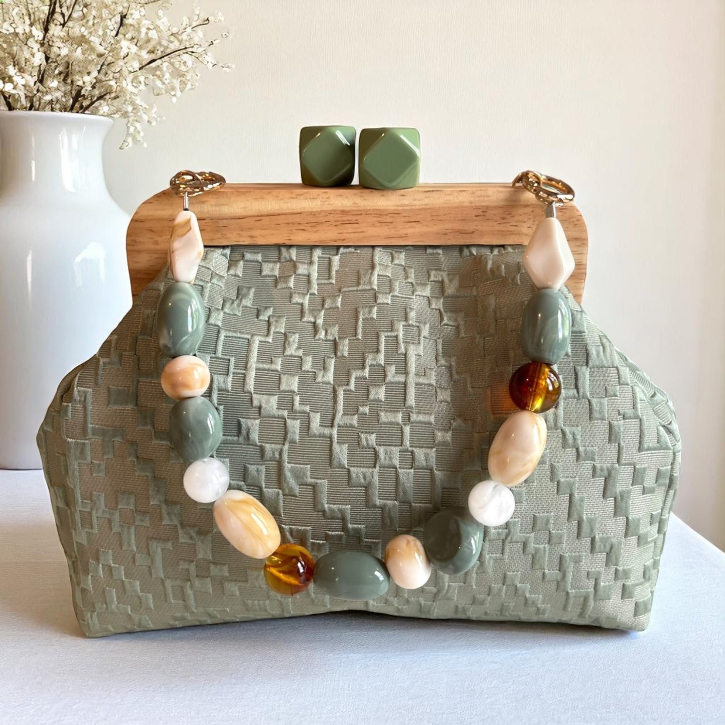 Handmade Minimalist Bag Sage Green Textured Clutch with Wooden Frame