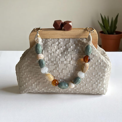 Beige Textured Clutch with Wooden Frame,Handmade Neutral Evening Bag with Brown Geometric Clasp | Elegant Structured Purse|
