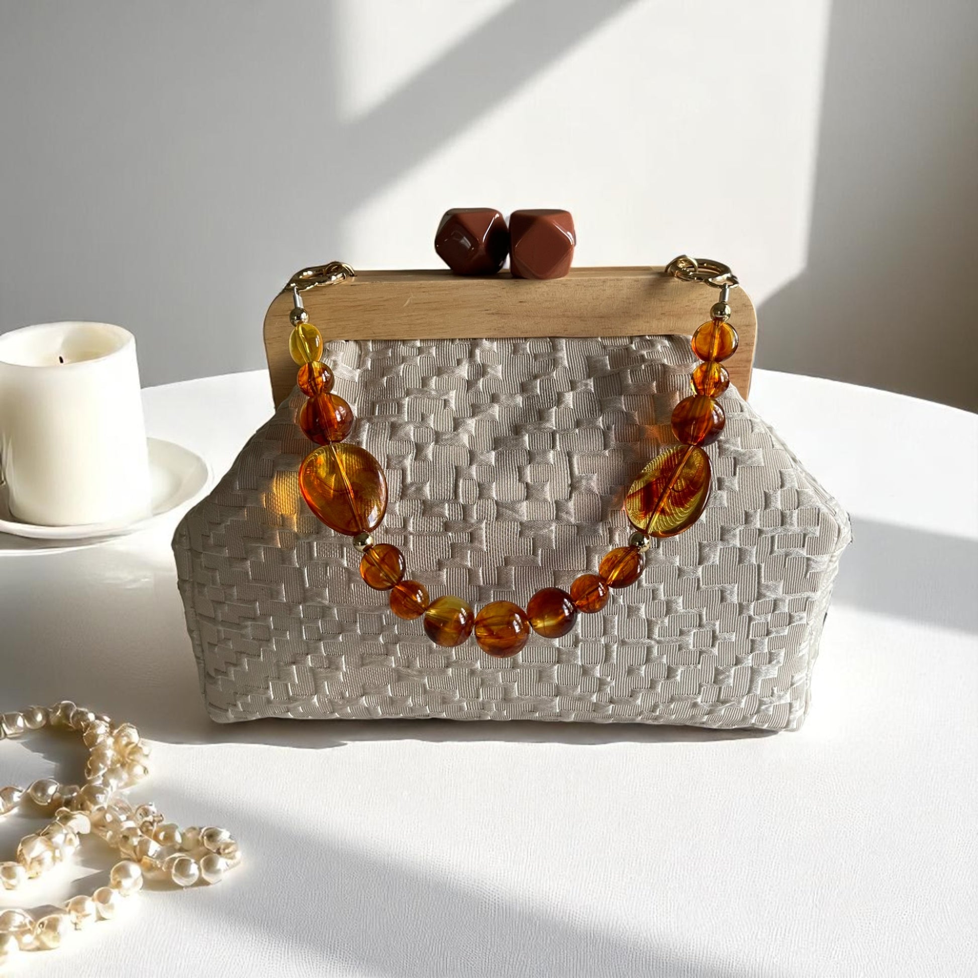 Beige Textured Clutch with Wooden Frame and Stone Handle – Handmade Evening Bag | Neutral Party Purse | Aramele Atelier| - Glam Duchess