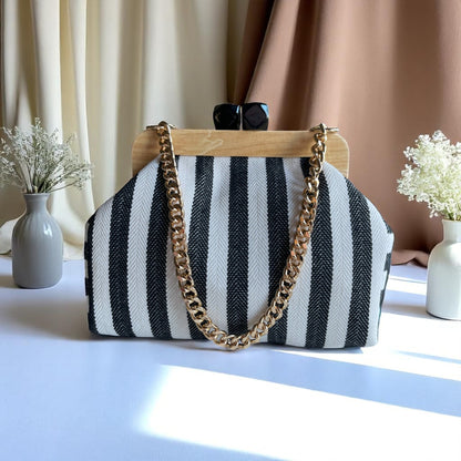 Striped Canvas Clutch with Wooden Frame – Handmade  Purse, Boho Bag, Summer Accessory, Lightweight & Durable