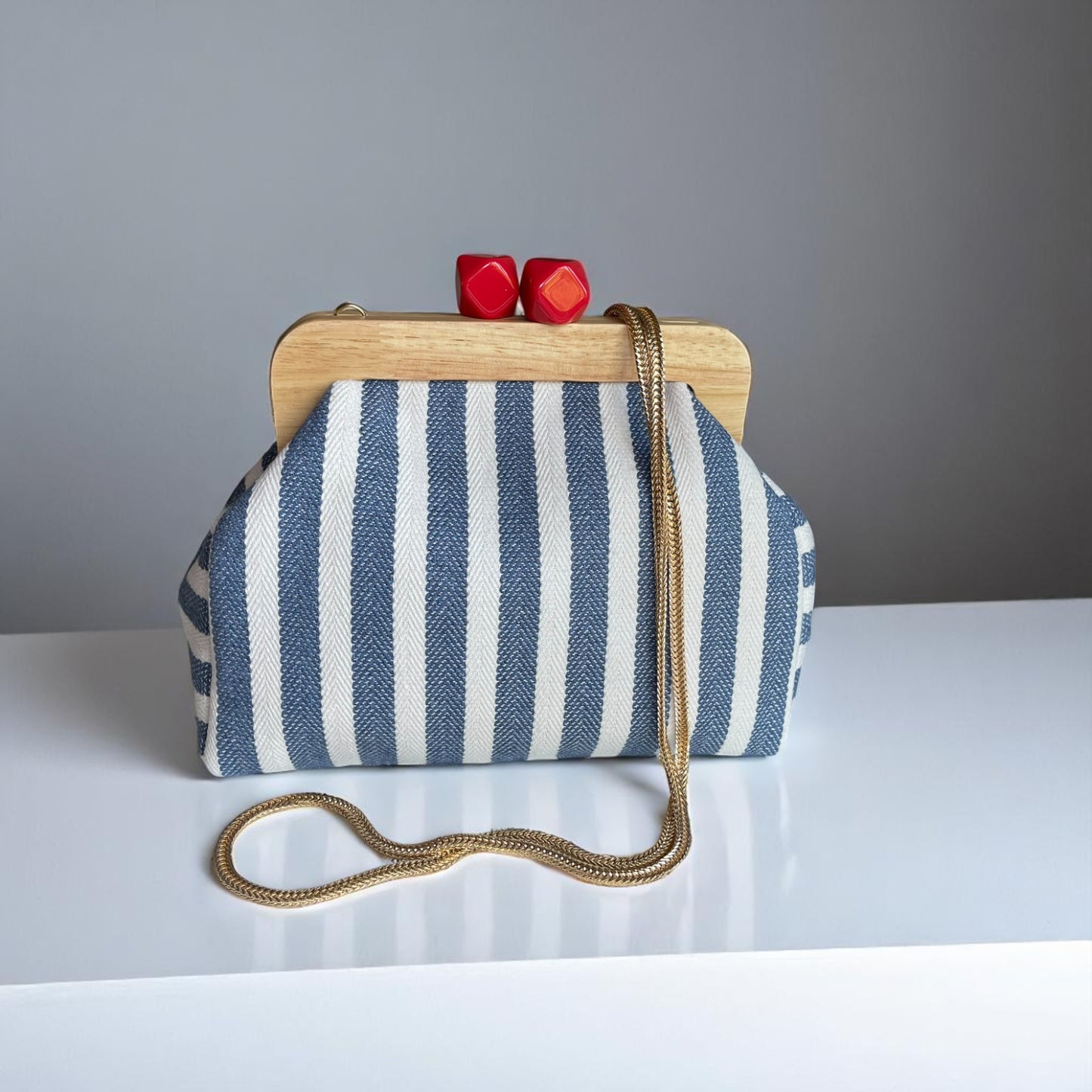Striped Canvas Clutch with Wooden Frame – Handmade in Türkiye
