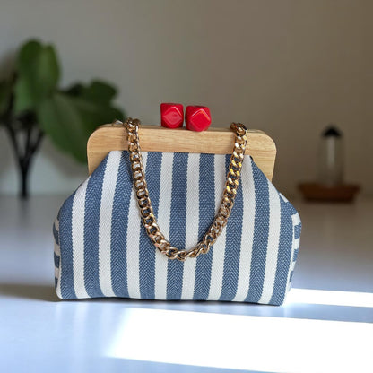 Striped Canvas Clutch Bag with Wooden Frame Hand – Stylish Summer Accessory, Boho Chic Purse for Women - Glam Duchess