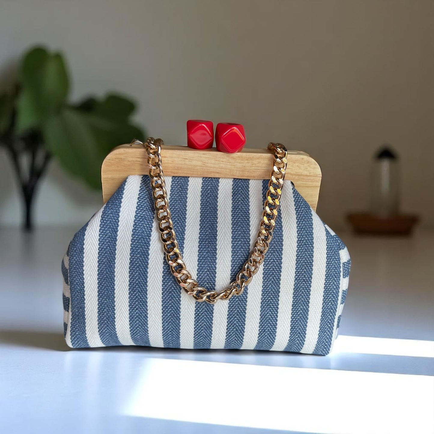 Striped Canvas Clutch with Wooden Frame – Handmade in Türkiye