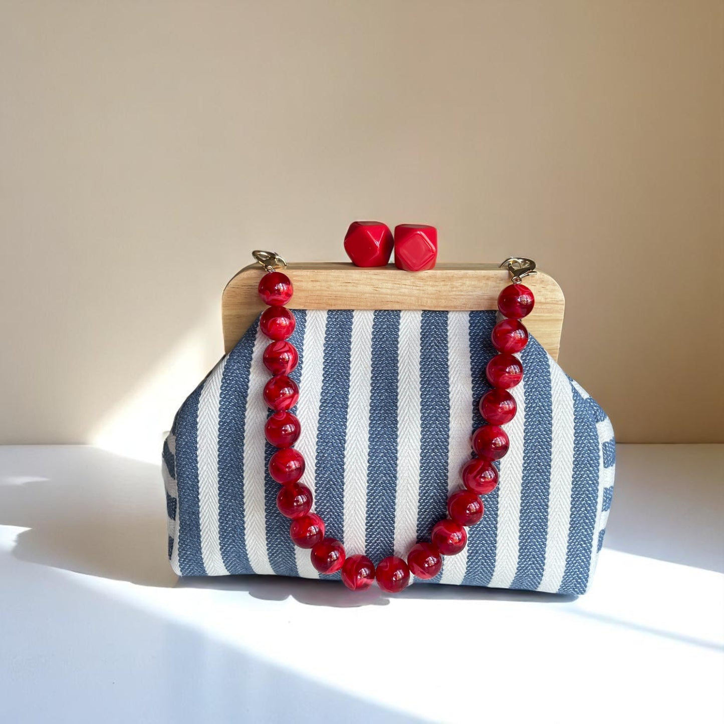 Striped Canvas Clutch Bag with Wooden Frame Hand – Stylish Summer Accessory, Boho Chic Purse for Women - Glam Duchess